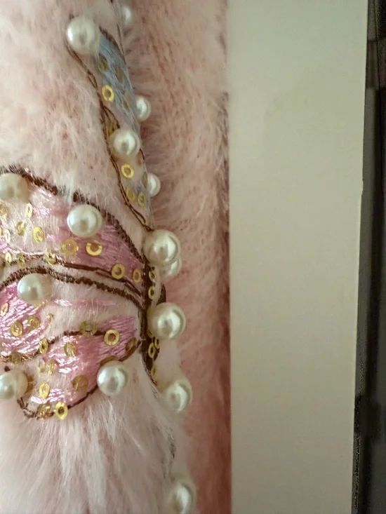Hand Embroidered Sequin Pink Embellished Butterfly Fuzzy Cardigan Sweater NWOT - Picture 10 of 16